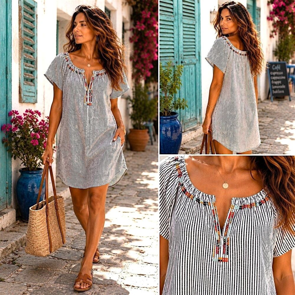 Coastal Linen Blend L Striped Peasant Mini Dress Embroider Pockets Boho Cottage
